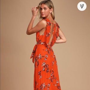 Loved By You Red Orange Floral Print Pleated Chiffon Maxi Dress NWT